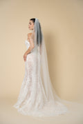 Back view of the Ava cathedral wedding veil featuring handcrafted glass crystal edging by Aoura Veil
