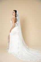 Full length Bonnie cathedral veil with elegant floral lace edging