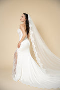 Bonnie cathedral wedding veil with floral lace edge handcrafted by Aoura Veil