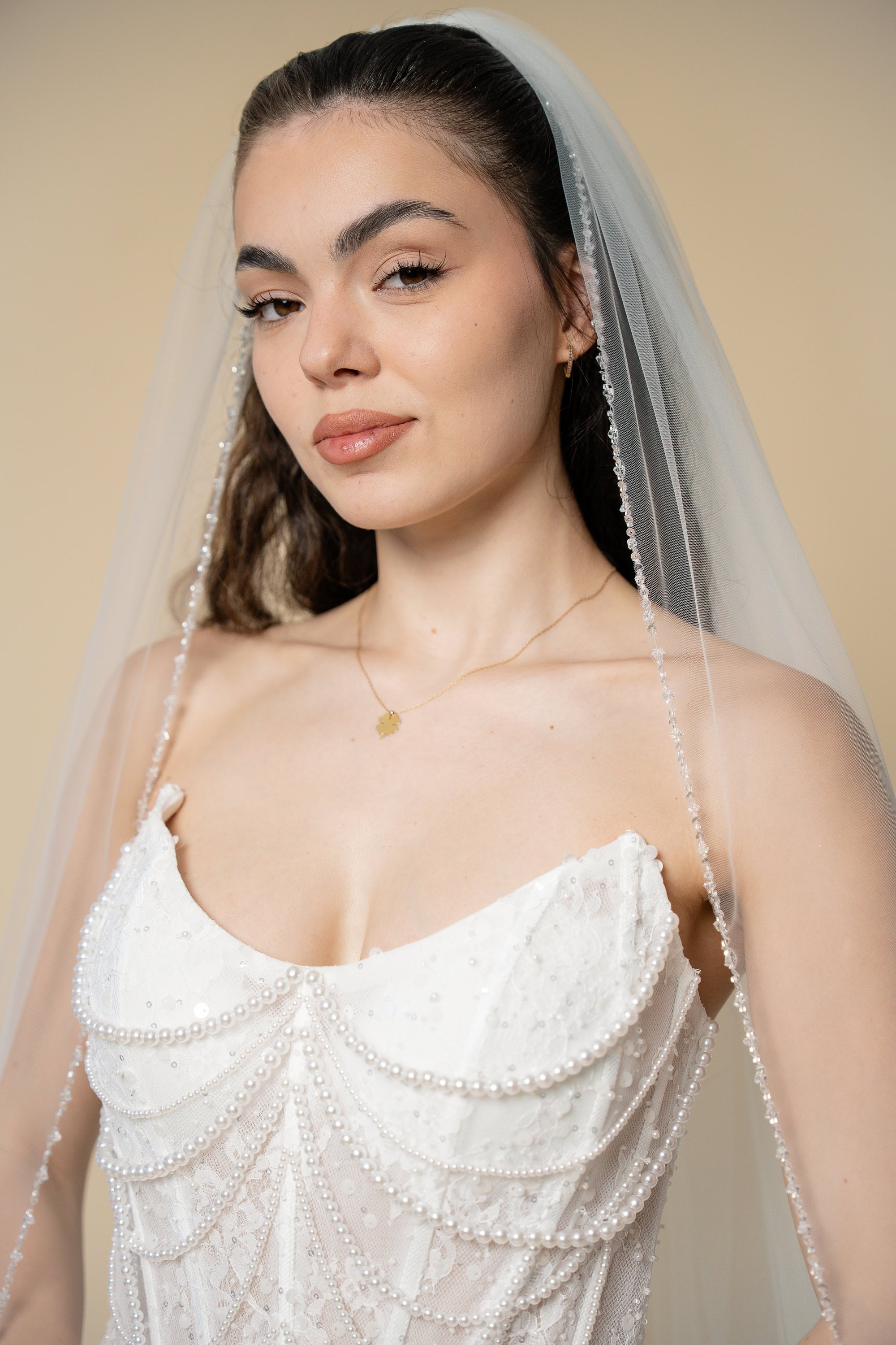 Bride wearing the Brisa cathedral wedding veil with a shimmering sequined and crystal edge by Aoura Veil