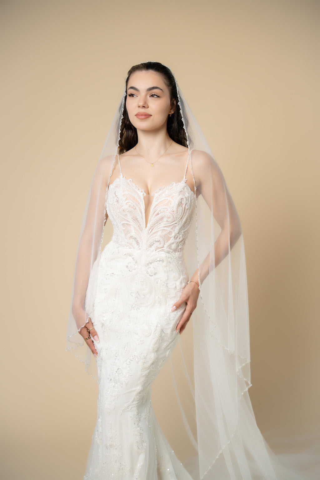 Bride wearing the Elora pearl and crystal cathedral wedding veil with elegant vertical embellishments by Aoura Veil