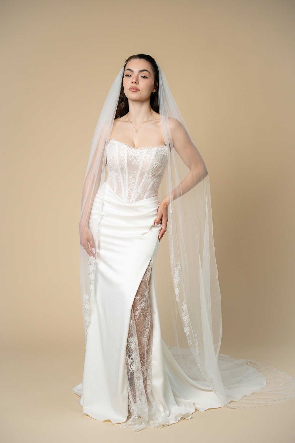 Front view of Hellen cathedral bridal veil with delicate hand-sewn floral strands