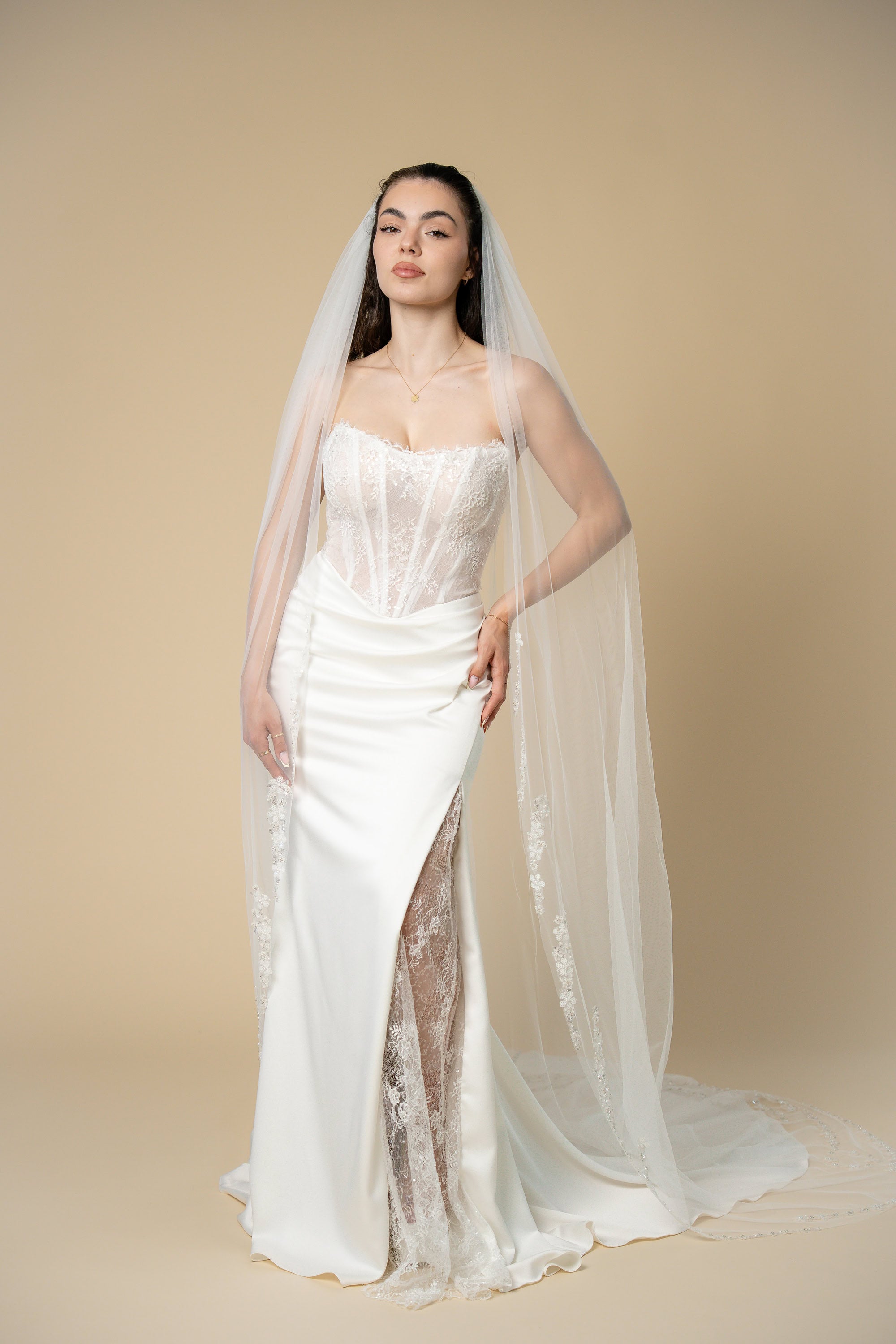 Front view of Hellen cathedral bridal veil with delicate hand-sewn floral strands