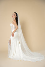 Hellen cathedral wedding veil with hand-sewn floral strands handcrafted by Aoura Veil