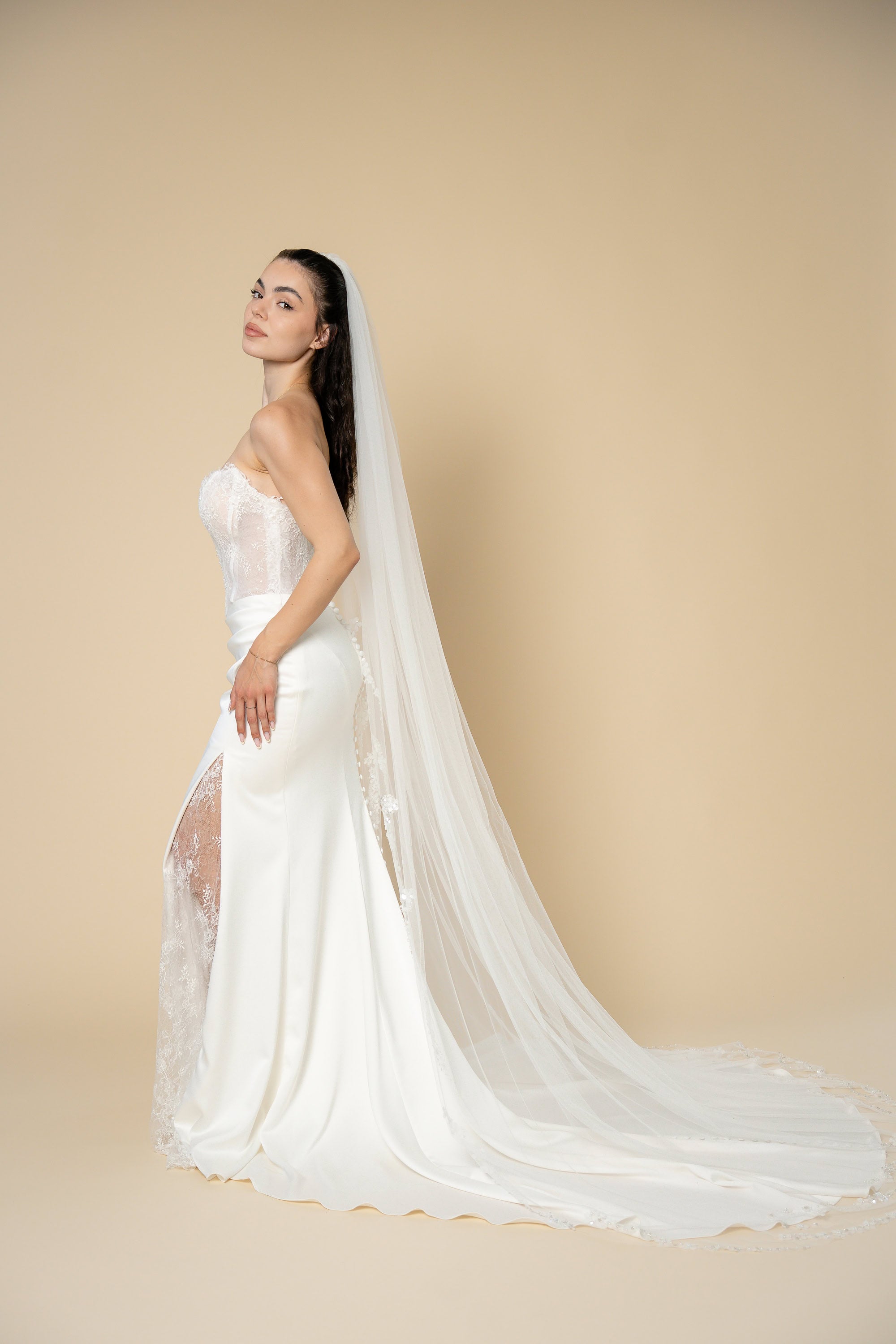 Hellen cathedral wedding veil with hand-sewn floral strands handcrafted by Aoura Veil