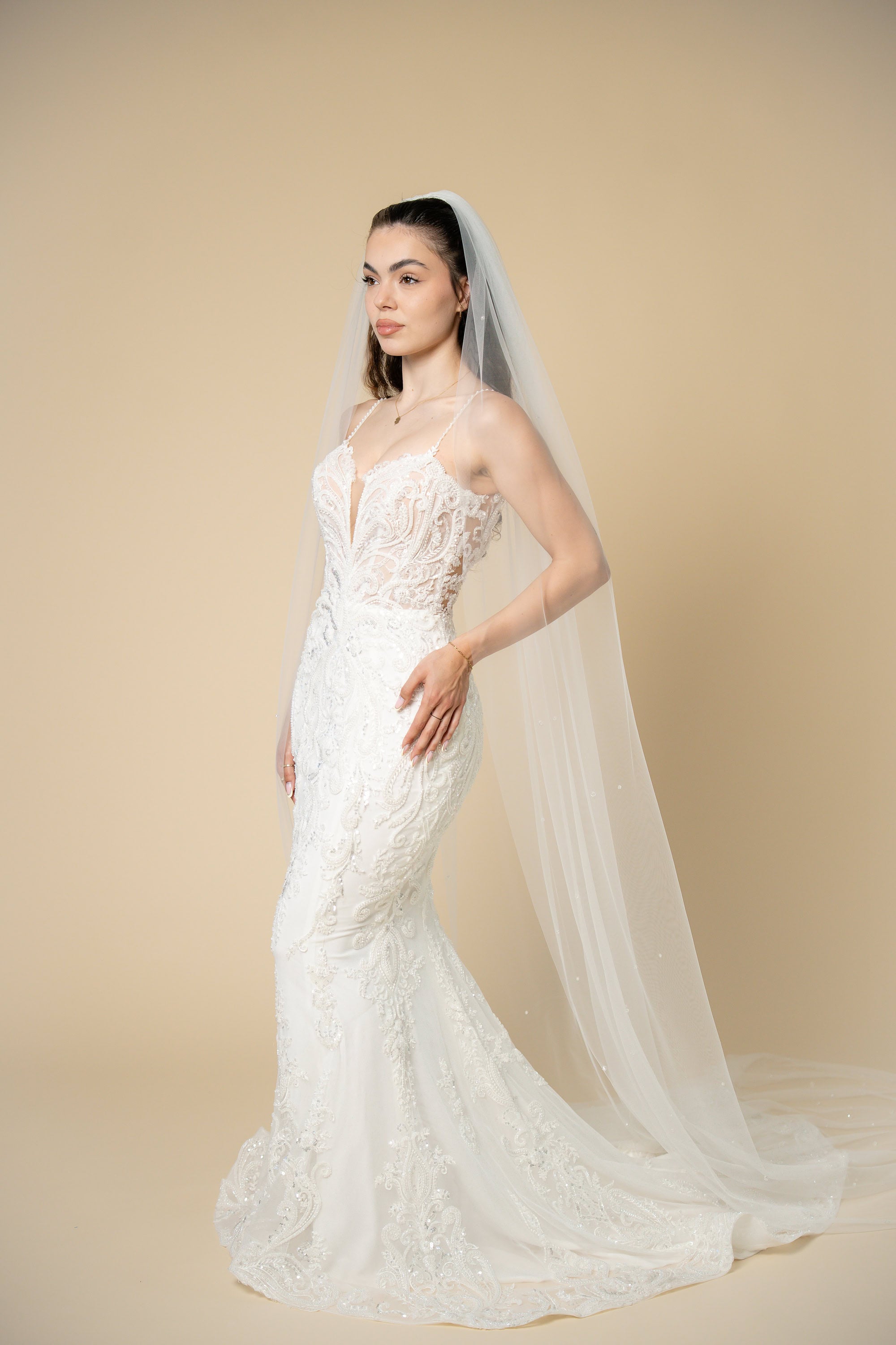 Bride wearing the Ivana cathedral bridal veil with subtle sparkling crystal embellishments throughout the tulle by Aoura Veil