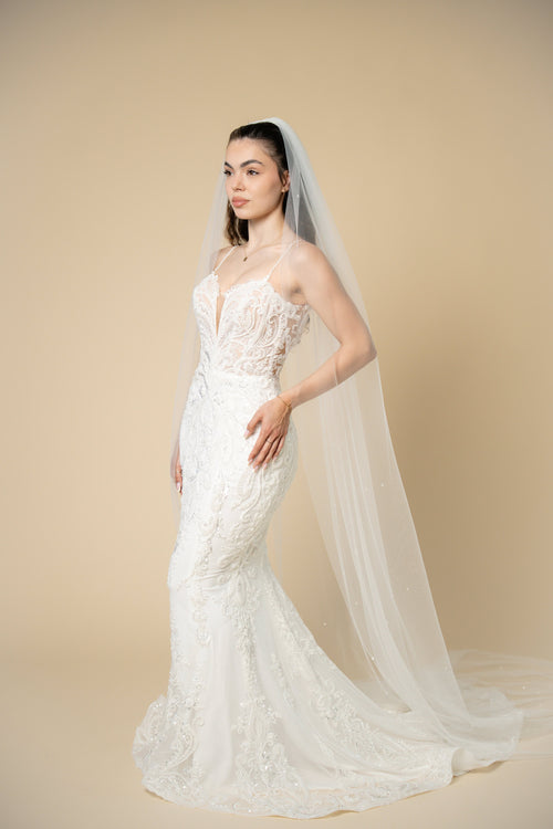 Bride wearing the Ivana cathedral bridal veil with subtle sparkling crystal embellishments throughout the tulle by Aoura Veil
