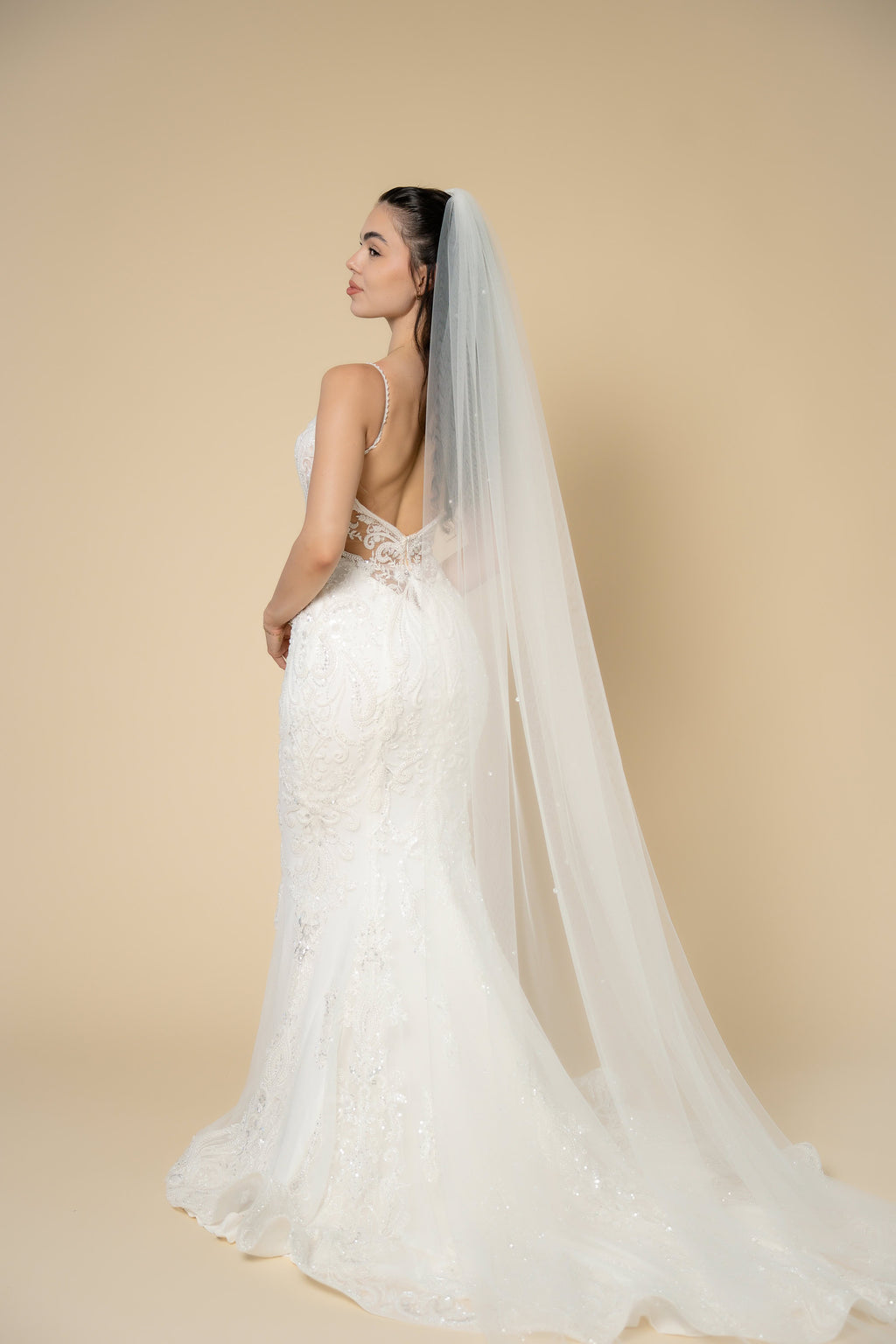 Back view of the Ivana cathedral wedding veil featuring delicate crystal embellishments across the entire veil by Aoura Veil
