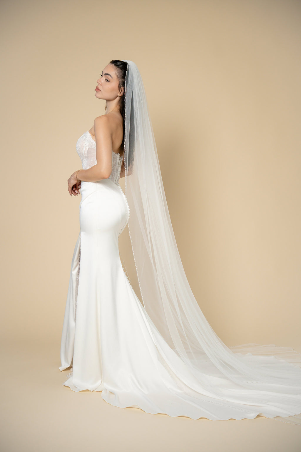 Kelly cathedral wedding veil with pearls and crystals handcrafted by Aoura Veil