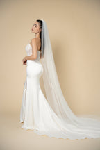 Kelly cathedral wedding veil with pearls and crystals handcrafted by Aoura Veil
