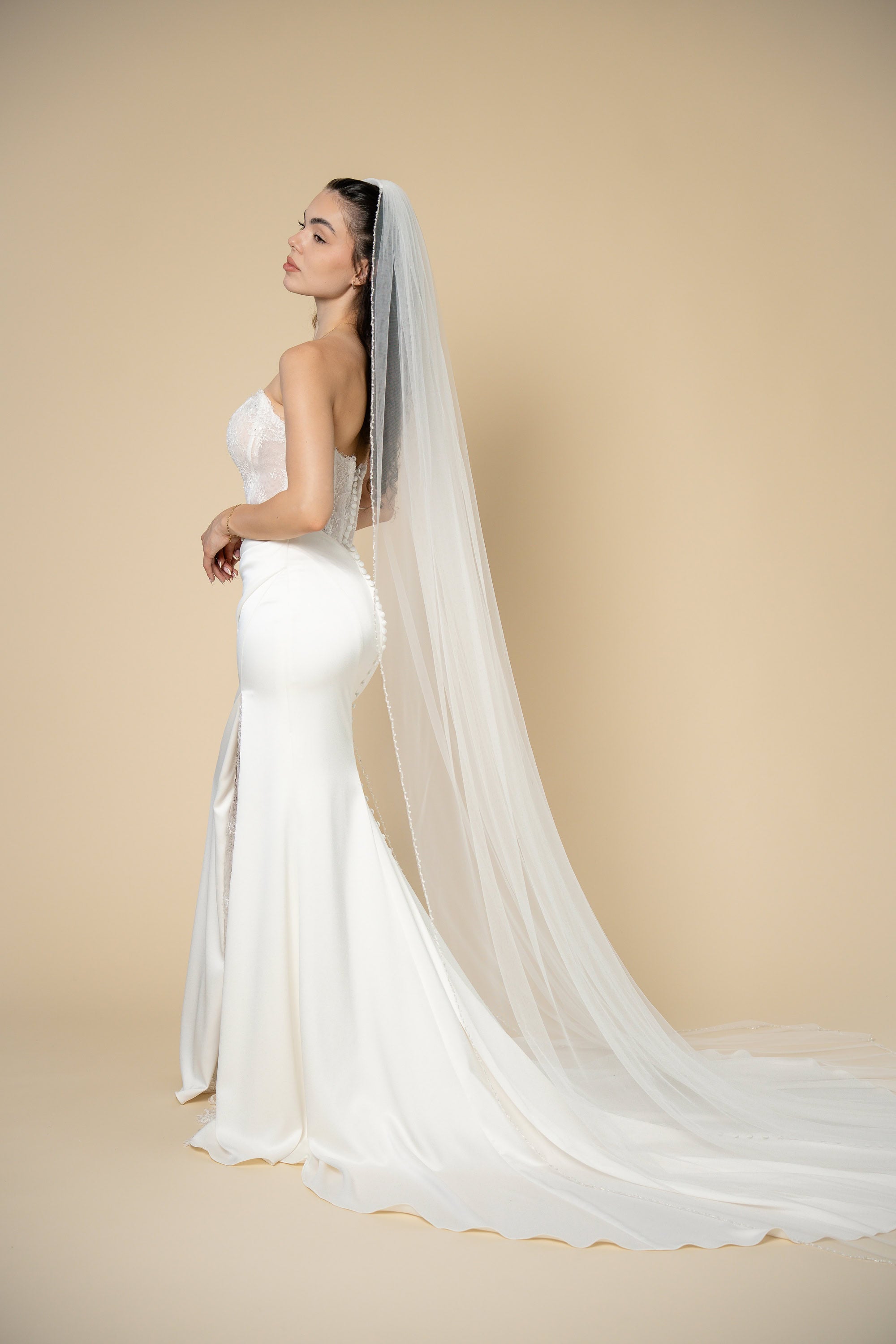 Kelly cathedral wedding veil with pearls and crystals handcrafted by Aoura Veil