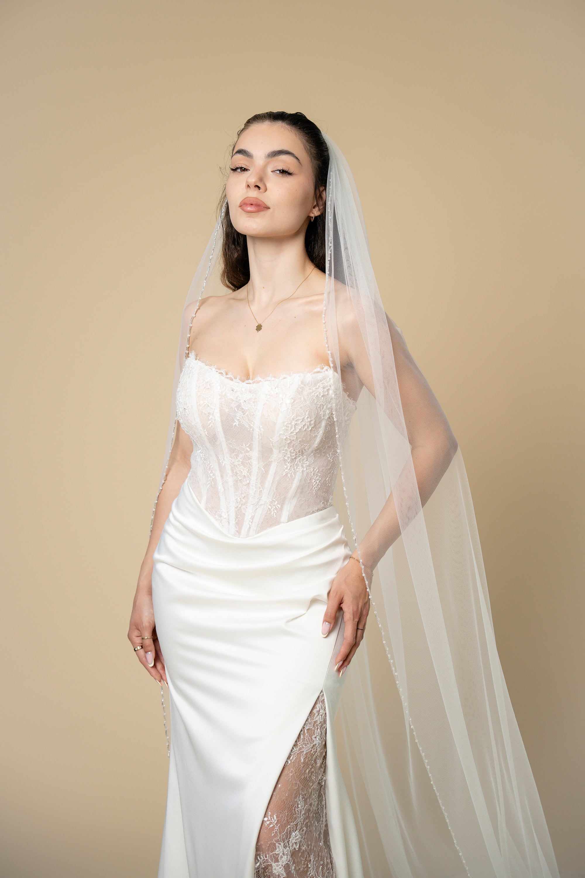 Front view of Kelly cathedral veil with crystal edge
