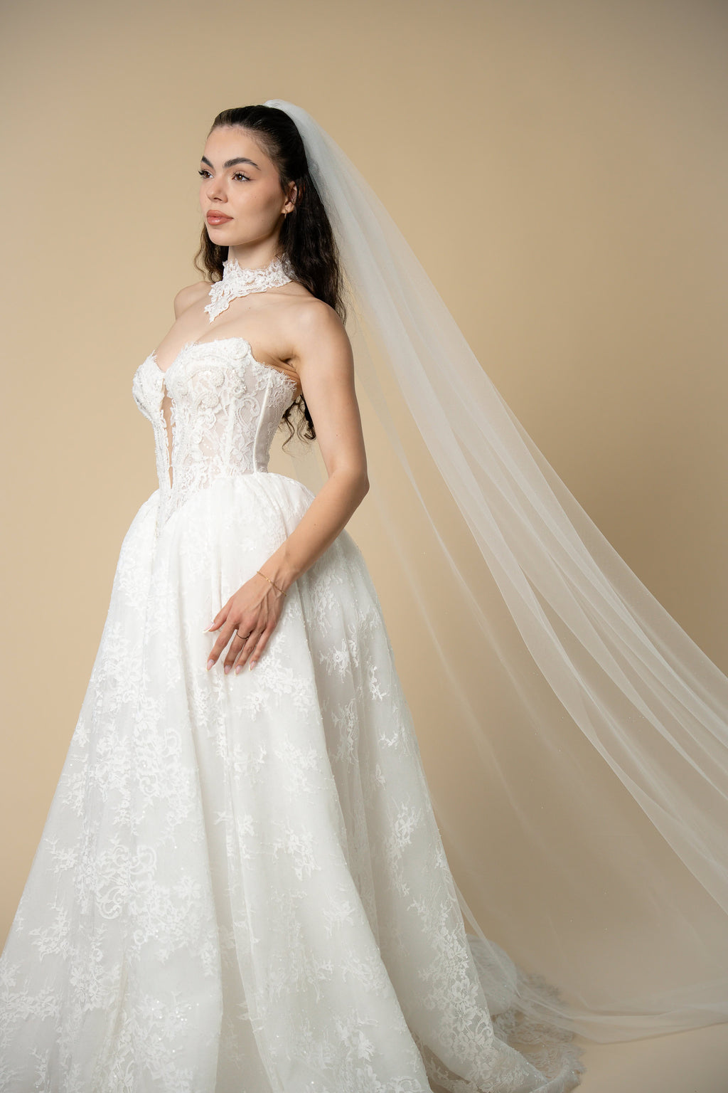 Side view of the Serena glitter cathedral wedding veil featuring delicate sparkle across the entire length by Aoura Veil